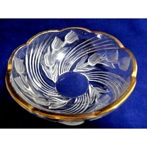 Tulip Swirls Glass Bowl Candy Dish Gold Edge Trinket Holder Vintage 1980s Gift